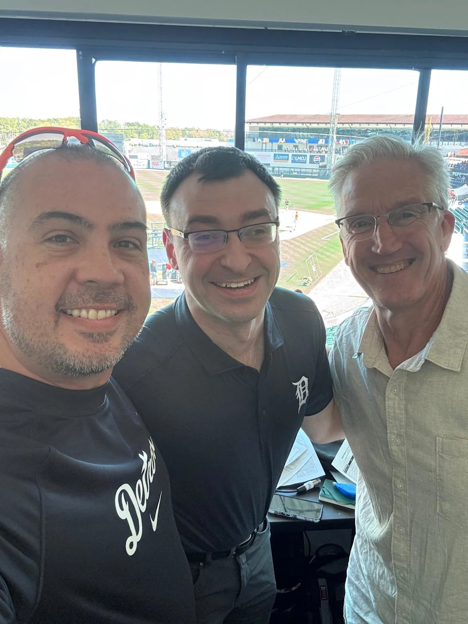 The three Detroit Tigers play-by-play broadcasters: Carlos Guillén, for Spanish broadcasts; Jason Benetti, on TV; and Dan Dickerson, on radio.