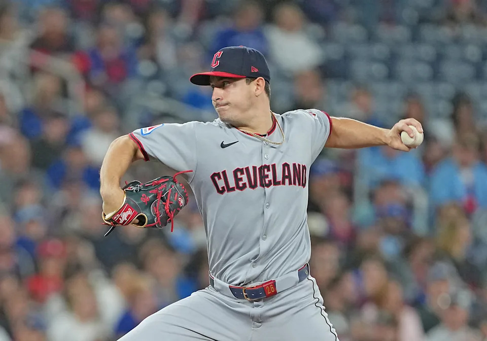 Cleveland Guardians starting ptcher Logan Allen (26) throws a pitch against the Toronto Blue Jays on May 2, 2025, in Toronto, Ontario.