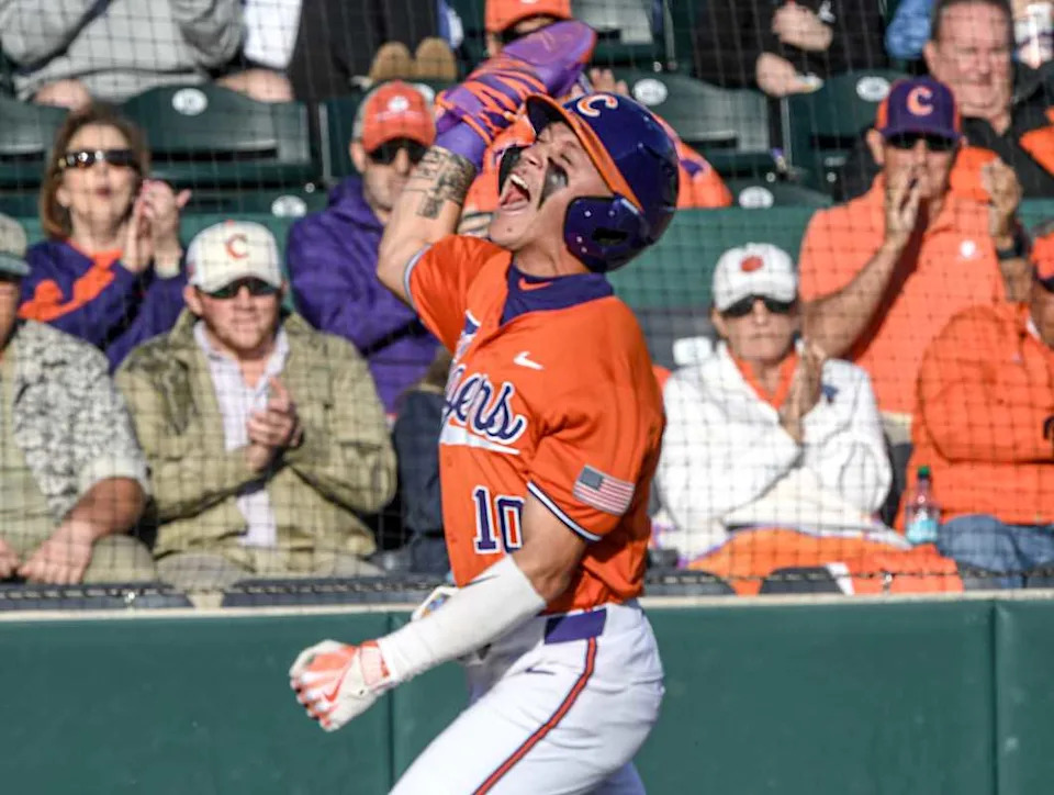 Clemson outfieler Cam Cannarella (10) scores against Wake Forest University during the bottom of the first inning at Doug Kingsmore Stadium© Ken Ruinard - staff &sol; USA TODAY NETWORK via Imagn Images