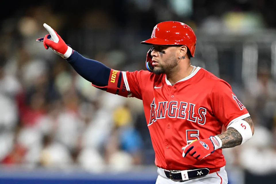 Los Angeles Angels third baseman Yoan Moncada (5) celbrates after hitting a double during the sixth inning against the San Diego Padres at Petco Park.Denis Poroy-Imagn Images