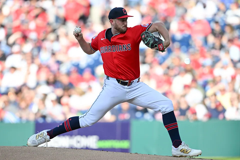 Cleveland Guardians starter Tanner Bibee throws a pitch against the Philadelphia Phillies on May 10, 2025, in Cleveland, Ohio.