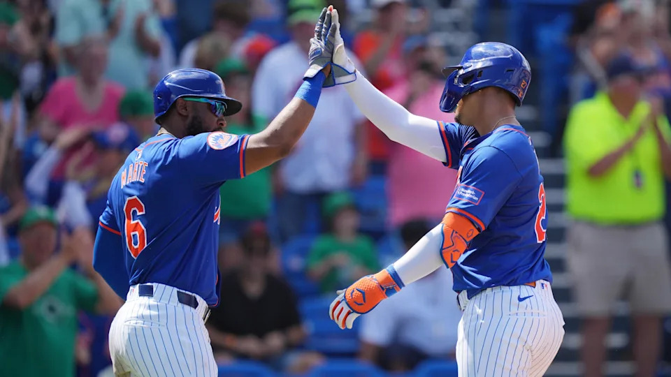 Mar 17, 2024; Port St. Lucie, Florida, USA; New York Mets third baseman Mark Vientos (27) is congratulated by designated hitter Starling Marte (6) after hitting a three-run home run in the sixth inning against the Miami Marlins at Clover Park. Mandatory Credit: Jim Rassol-Imagn Images