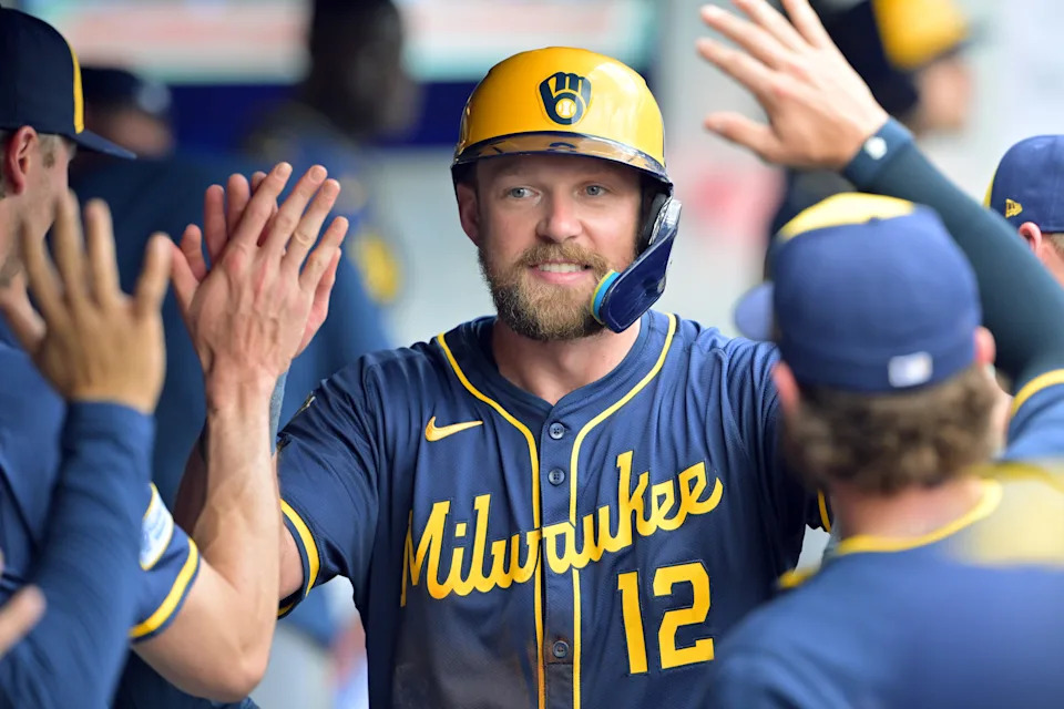 Rhys Hoskins celebrates after hitting a two-run homer during the seventh inning against the Cleveland Guardians at Progressive Field on May 14.