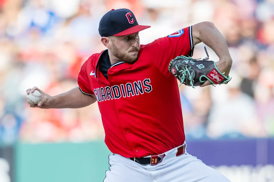 Cleveland Guardians starter Tanner Bibee throws a pitch against the Philadelphia Phillies on May 10, 2025, in Cleveland, Ohio.