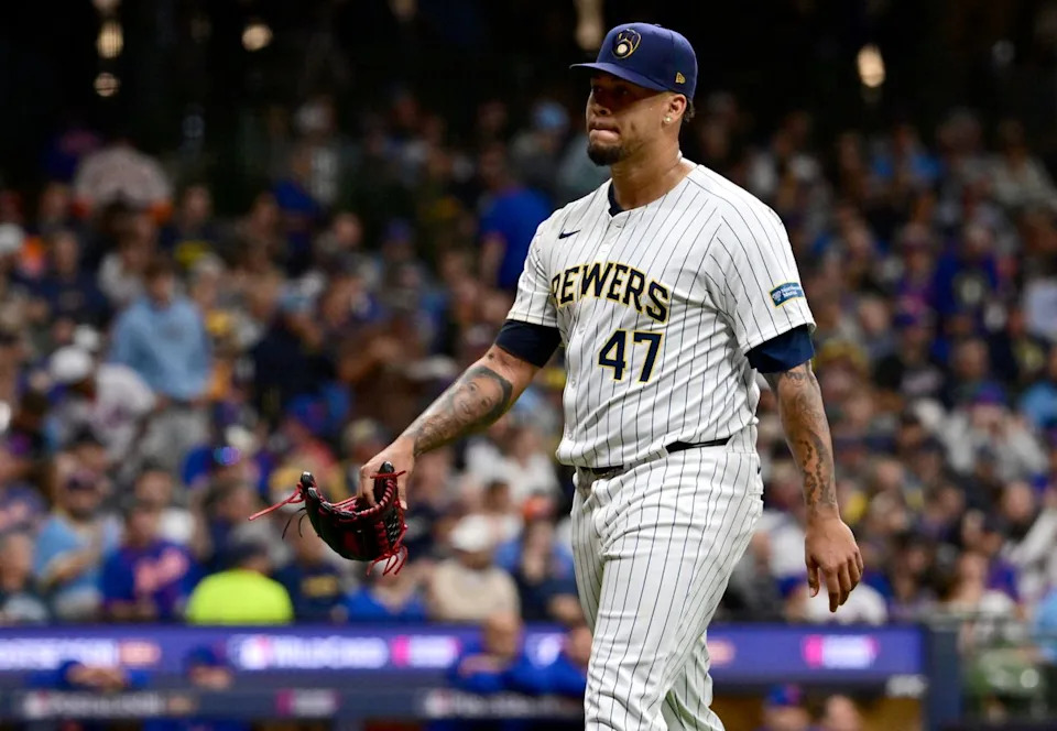 Oct 2, 2024; Milwaukee, Wisconsin, USA; Milwaukee Brewers pitcher Frankie Montas (47) is removed from the game during the fourth inning in game two of the Wildcard round for the 2024 MLB Playoffs against the New York Mets at American Family Field. Mandatory Credit: Benny Sieu-Imagn Images