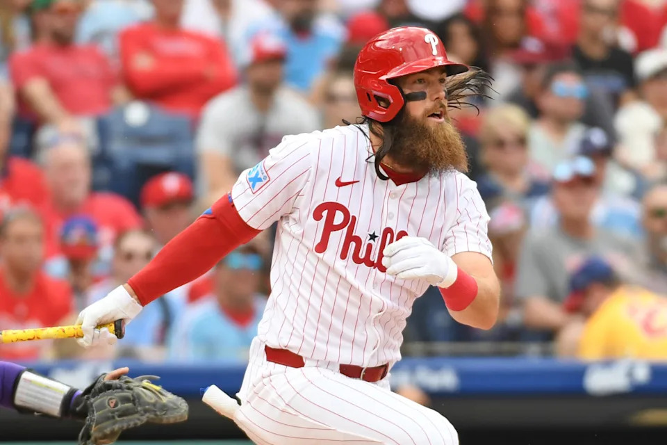 Philadelphia Phillies outfielder Brandon Marsh (16) against the Colorado Rockies at Citizens Bank Park.Eric Hartline-Imagn Images