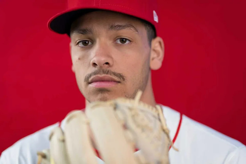 Cincinnati Reds pitcher Chase Burns (81) during the annual team picture day at the Cincinnati Reds Player Development Complex in Goodyear, Ariz., on Tuesday, Feb. 18, 2025. © Sam Greene&sol;The Enquirer &sol; USA TODAY NETWORK via Imagn Images