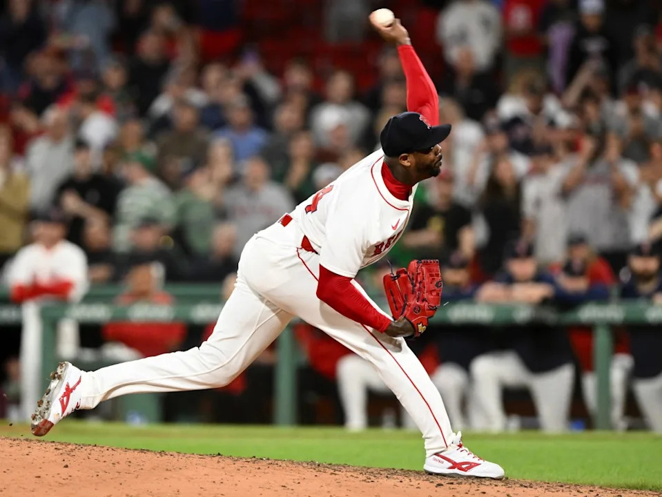Former New York Yankees closer Aroldis Chapman pitches for the Boston Red Sox at Fenway Park. © Brian Fluharty-Imagn Images