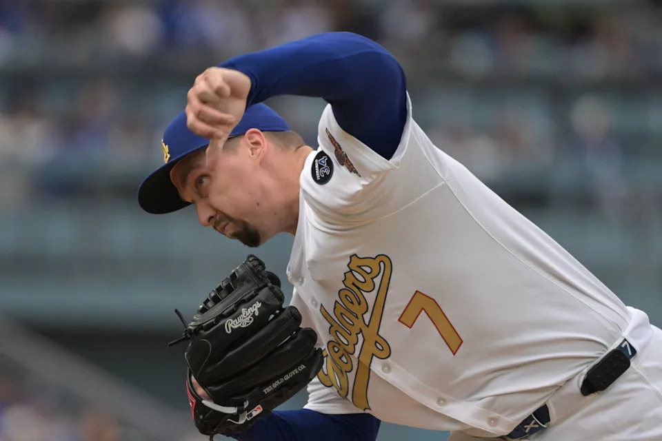 Los Angeles Dodgers pitcher Blake Snell (7) throws a pitch against the Detroit Tigers during the first inning at Dodger Stadium.Jayne Kamin-Oncea-Imagn Images