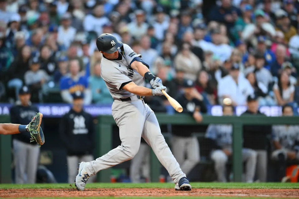 New York Yankees first baseman Paul Goldschmidt rips a pitch against the Seattle Mariners at T-Mobile Park.Steven Bisig-Imagn Images