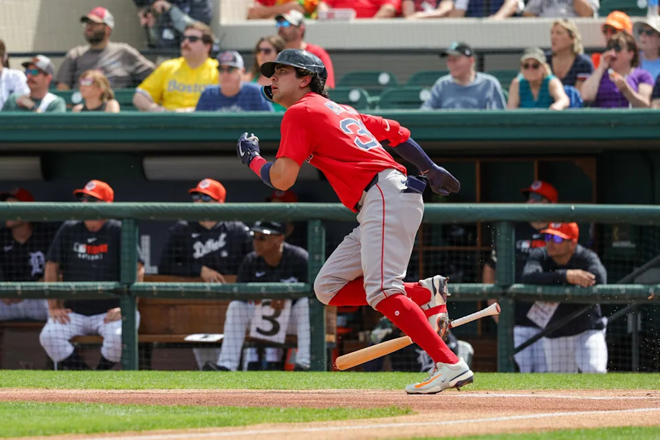 Boston Red Sox third baseman Marcelo Mayer (39) watches his fly ball during the first inning against the Detroit Tigers at Publix Field at Joker Marchant Stadium.Mike Watters-Imagn Images