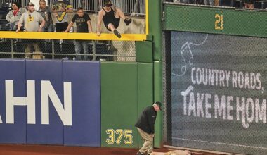 The fan was seen laying down on the warning track before another fan leapt down to them