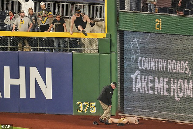 The fan was seen laying down on the warning track before another fan leapt down to them