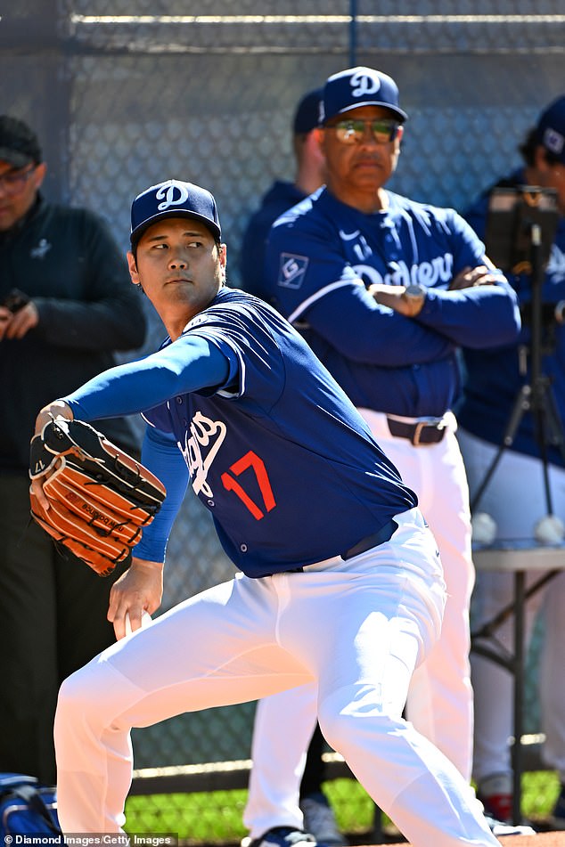 Shohei Ohtani is seen pitching in spring training as Dodgers manager Dave Roberts watches