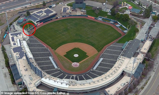 The left-field corner in West Sacramento (circled) is about 330 feet away from home plate