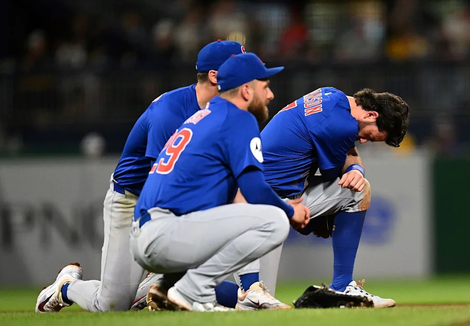 Chicago Cubs players react after spectator falls onto field