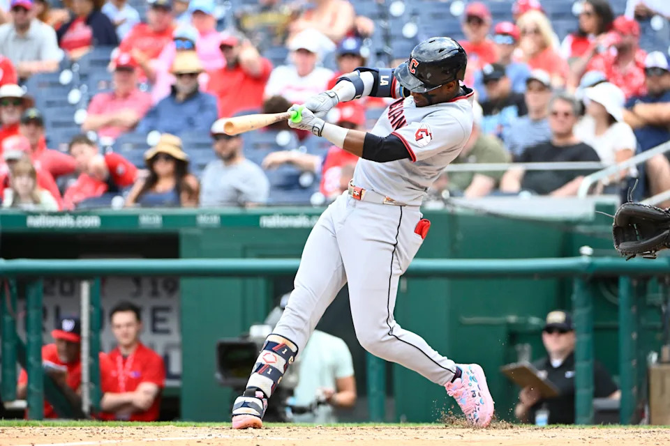 May 7, 2025; Washington, District of Columbia, USA; Cleveland Guardians center fielder Angel Martinez (1) hits a two RBI single against the Washington Nationals during the sixth inning at Nationals Park. Mandatory Credit: Brad Mills-Imagn Images