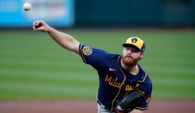 Milwaukee Brewers starting pitcher Brandon Woodruff throws during the first inning of a baseball game against the St. Louis Cardinals Saturday, Sept. 26, 2020, in St. Louis.