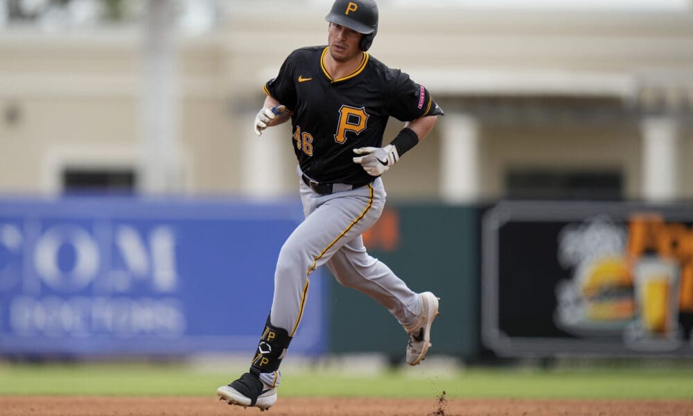 Pittsburgh Pirates' Nick Solak (46) rounds the bases after hitting a home run during the fourth inning of a spring training baseball game against the Baltimore Orioles, Saturday, March 1, 2025, in Sarasota, Fla. (AP Photo/Stephanie Scarbrough)