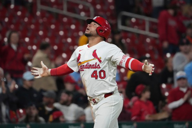 St. Louis Cardinals' Willson Contreras celebrates after hitting a two-run home run during the sixth inning of a baseball game against the Pittsburgh Pirates Monday, May 5, 2025, in St. Louis. (AP Photo/Jeff Roberson)