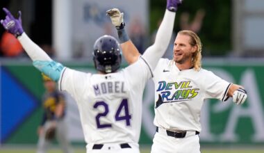 Tampa Bay Rays' Travis Jankowski celebrates with Christopher Morel (24) after Jankowski had a walkoff hit off Milwaukee Brewers pitcher Trevor Megill during the ninth inning of a baseball game Saturday, May 10, 2025, in Tampa, Fla. (AP Photo/Chris O'Meara)