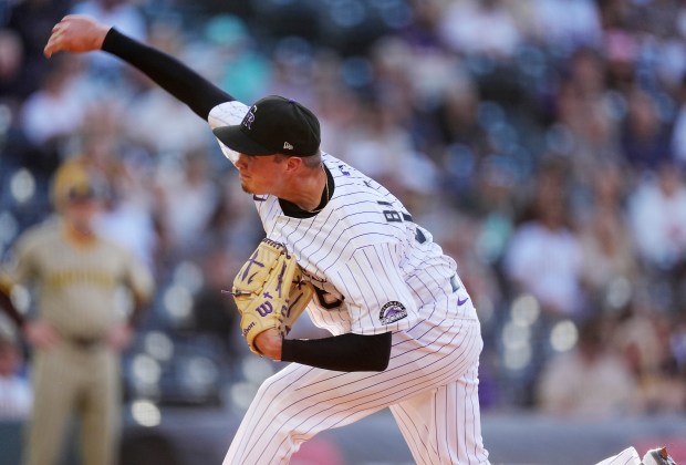 Colorado Rockies starting pitcher Bradley Blalock works against the San Diego Padres in the first inning of a baseball game Saturday, May 10, 2025, in Denver. (AP Photo/David Zalubowski)