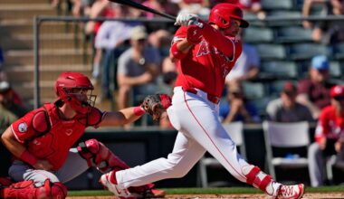 FILE - Los Angeles Angels' Ryan Noda hits against the Cincinnati Reds during a spring training baseball game, Wednesday, Feb. 26, 2025, in Tempe, Ariz. (AP Photo/Matt York, File)