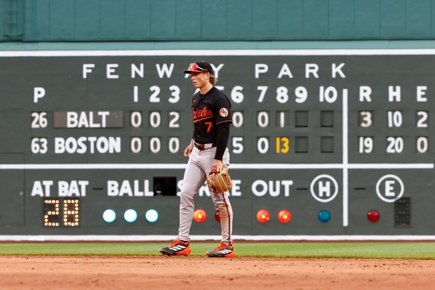 Baltimore Orioles second baseman Jackson Holliday stands in the infield during the eighth inning against the Boston Red Sox in the first baseball game of a doubleheader Friday, May 23, 2025, at Fenway Park in Boston. (AP Photo/Winslow Townson)