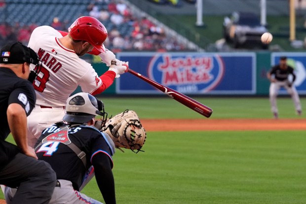 The Angels’ Taylor Ward hits a solo home run during...