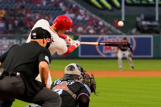 The Angels’ Logan O’Hoppe hits a double during the fourth...
