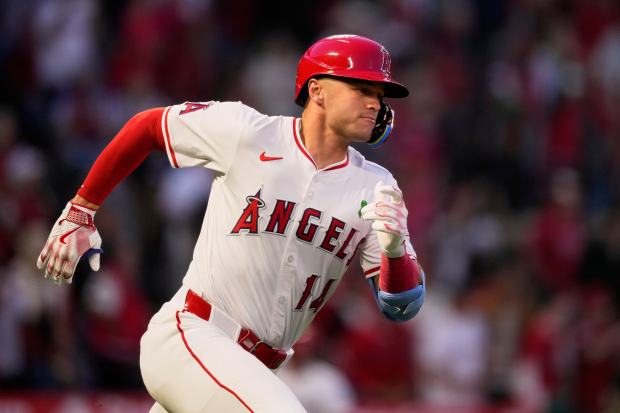 The Angels’ Logan O’Hoppe runs to first on his way...