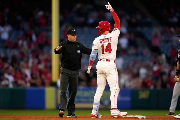 The Angels’ Logan O’Hoppe gestures after hitting a double during...