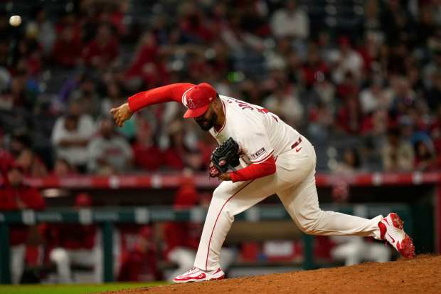 Angels relief pitcher Kenley Jansen throws to the plate during...