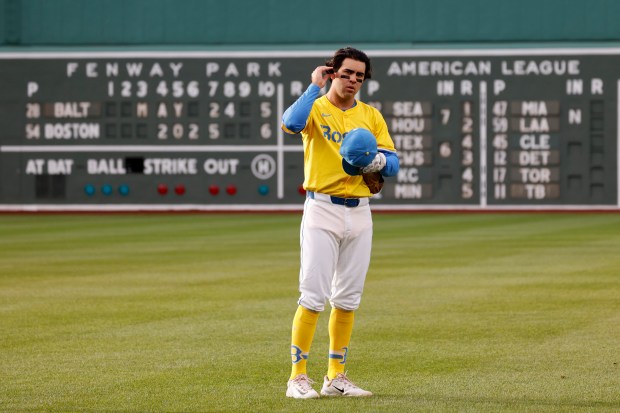 Boston Red Sox third baseman Marcelo Mayer stands in the field before the second baseball game of a doubleheader against the Baltimore Orioles, Saturday, May 24, 2025, at Fenway Park in Boston. (AP Photo/Mary Schwalm)