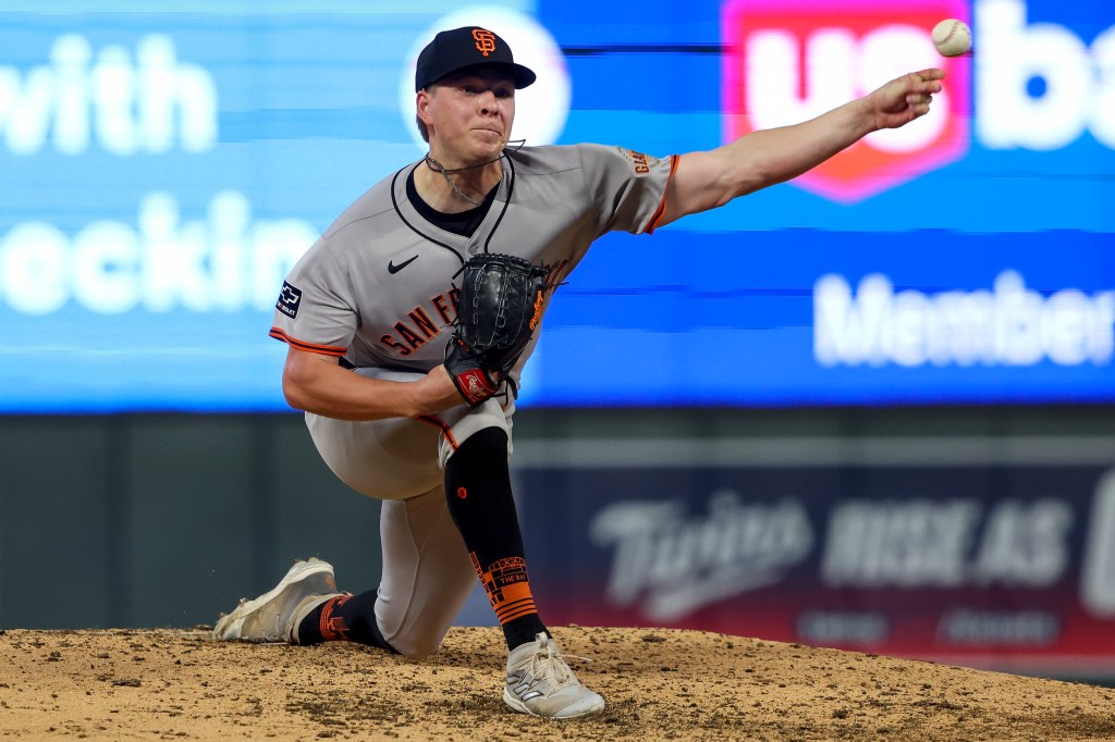 San Francisco Giants pitcher Kyle Harrison (45) throws to the Minnesota Twins during the eighth inning of a baseball game against the Minnesota Twins Friday, May 9, 2025, in Minneapolis.