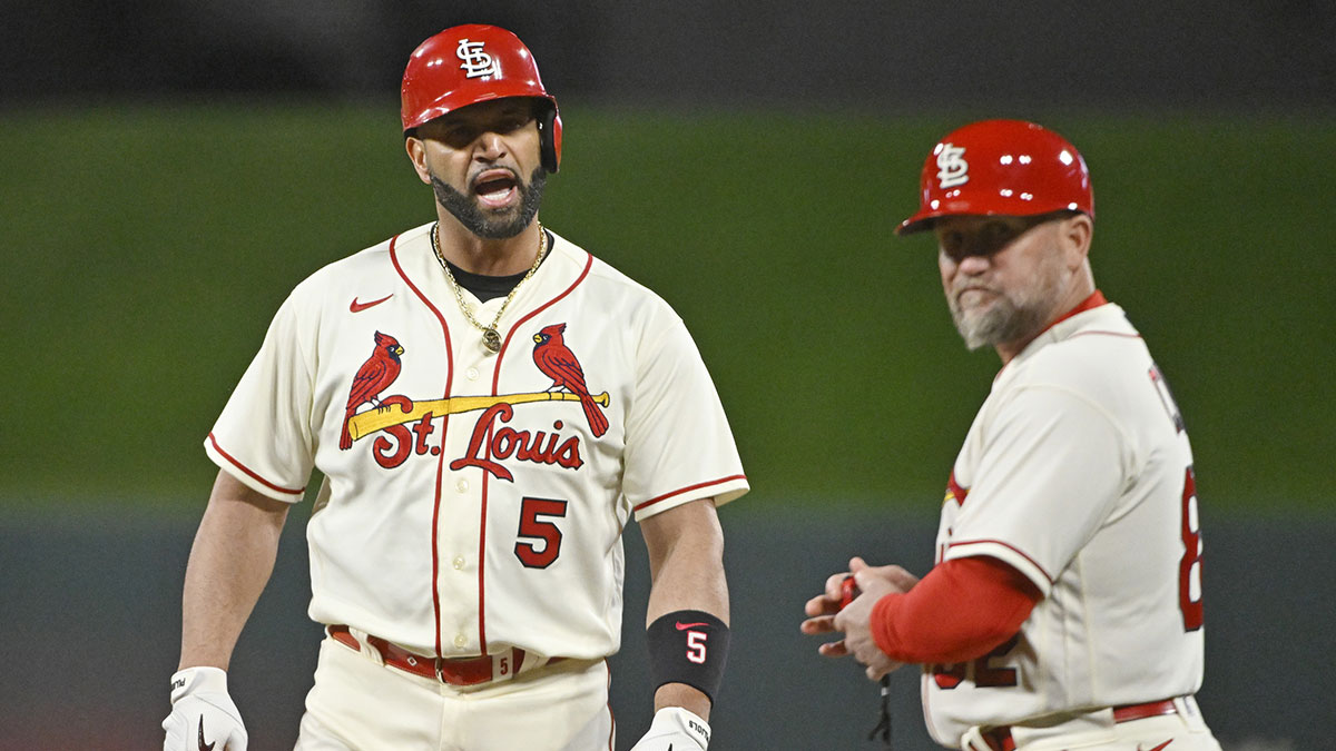 St. Louis Cardinals designated hitter Albert Pujols (5) reacts after his single in the eighth inning against the Philadelphia Phillies during game two of the Wild Card series for the 2022 MLB Playoffs at Busch Stadium.