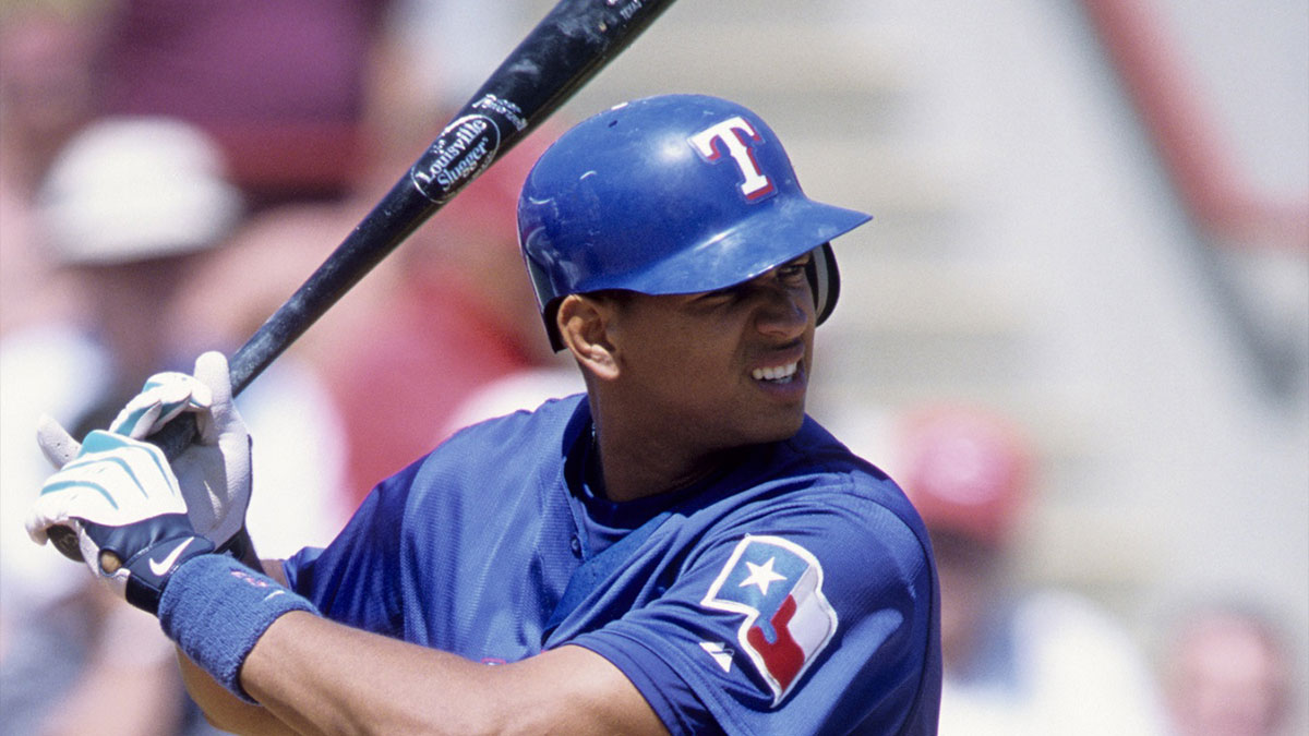 Texas Rangers shortstop Alex Rodriguez in action during the 2001 spring training season.