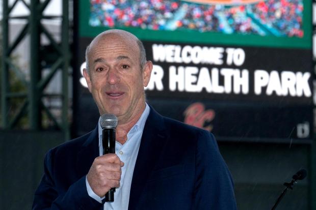 FILE - John Fisher, owner of the Oakland Athletics baseball team, announces that his team will leave Oakland after this season and play temporarily at a minor league park, during a news conference in West Sacramento, Calif., Thursday, April 4, 2024. (AP Photo/Rich Pedroncelli, File)