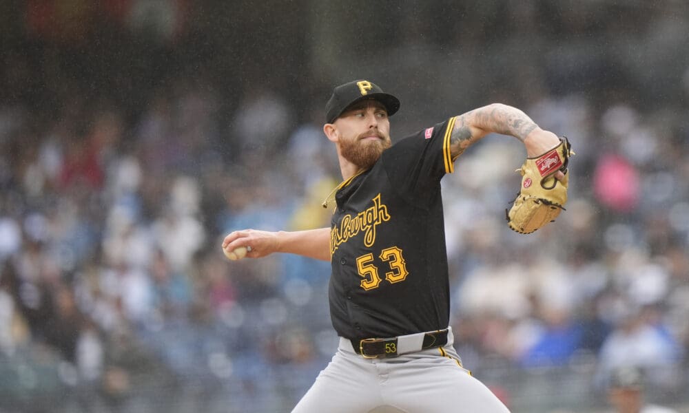 Pittsburgh Pirates' Mike Burrows pitches during the third inning of a baseball game against the New York Yankees, Saturday, Sept. 28, 2024, in New York. (AP Photo/Frank Franklin II)