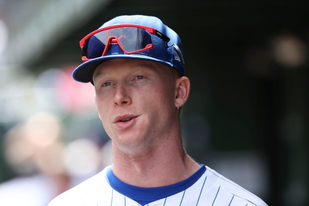 Chicago Cubs outfielder Pete Crow-Armstrong walks the dugout before the game Wednesday, May 7, 2025, at Wrigley Field. (Brian Cassella/Chicago Tribune)