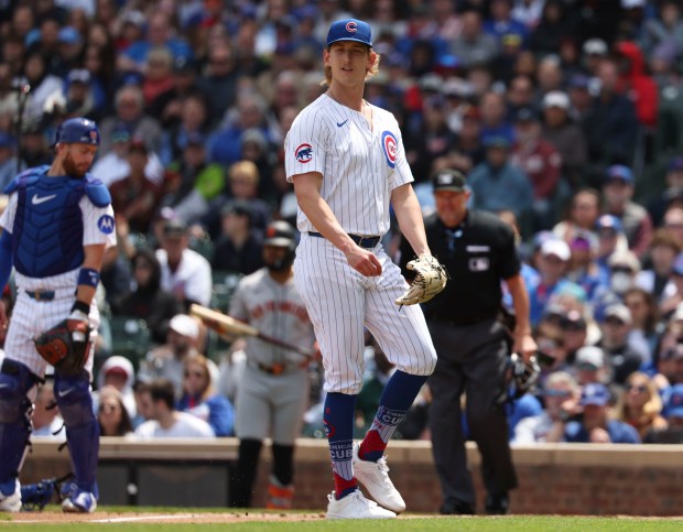 Chicago Cubs pitcher Ben Brown reacts after the San Francisco Giants scored a run in the first inning Wednesday, May 7, 2025, at Wrigley Field. (Brian Cassella/Chicago Tribune)