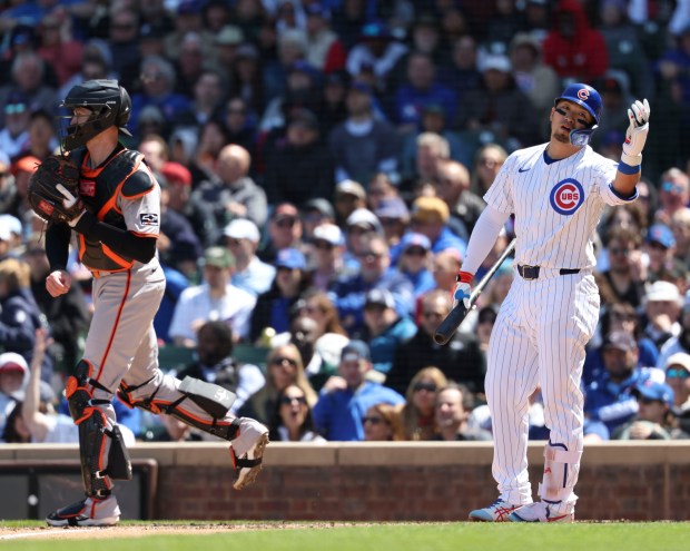 Chicago Cubs outfielder Seiya Suzuki reacts after striking out with runners on base to end the third inning Wednesday, May 7, 2025, at Wrigley Field. (Brian Cassella/Chicago Tribune)