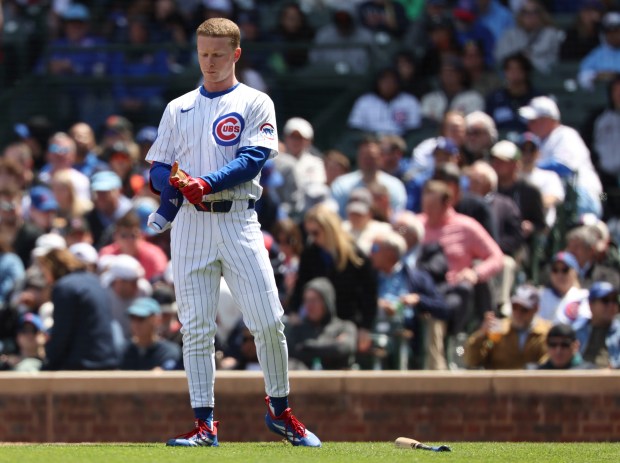 Chicago Cubs outfielder Pete Crow-Armstrong strikes out to end the second inning Wednesday, May 7, 2025, at Wrigley Field. (Brian Cassella/Chicago Tribune)