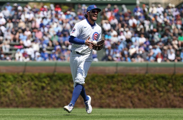 Chicago Cubs shortstop Dansby Swanson catches a pop up in the third inning Wednesday, May 7, 2025, at Wrigley Field. (Brian Cassella/Chicago Tribune)