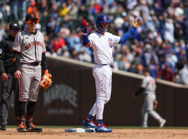Chicago Cubs outfielder Pete Crow-Armstrong reacts after his RBI double in the fourth inning Wednesday, May 7, 2025, at Wrigley Field. (Brian Cassella/Chicago Tribune)