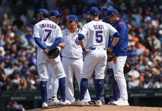 Chicago Cubs manager Craig Counsell makes a pitching change in the sixth inning Wednesday, May 7, 2025, at Wrigley Field. (Brian Cassella/Chicago Tribune)