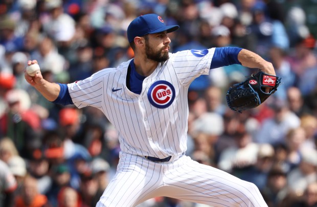 Chicago Cubs pitcher Julian Merryweather delivers to the San Francisco Giants in the seventh inning Wednesday, May 7, 2025, at Wrigley Field. (Brian Cassella/Chicago Tribune)