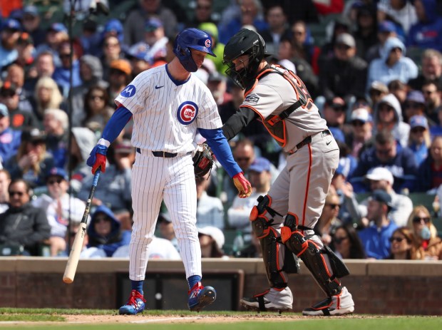 Chicago Cubs outfielder Pete Crow-Armstrong stikes out in the seventh inning Wednesday, May 7, 2025, at Wrigley Field. (Brian Cassella/Chicago Tribune)