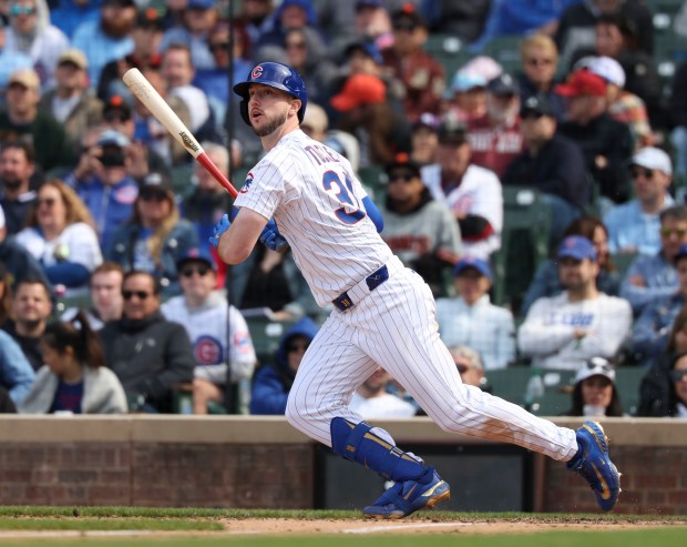 Chicago Cubs outfielder Kyle Tucker grounds out in the eighth inning Wednesday, May 7, 2025, at Wrigley Field. (Brian Cassella/Chicago Tribune)