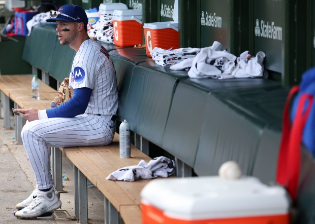 Chicago Cubs second base Nico Hoerner sits in the dugout after the loss Wednesday, May 7, 2025, at Wrigley Field. (Brian Cassella/Chicago Tribune)